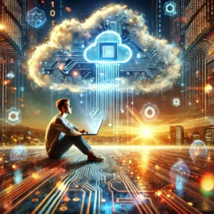 A-futuristic-concept-photo-showing-a-person-sitting-under-a-glowing-digital-cloud-made-of-circuits-and-data-streams-symbolizing-the-power-of-cloud