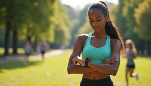 Jovem usando roupas de ginástica observa seu smartwatch. Ela está em um parque.