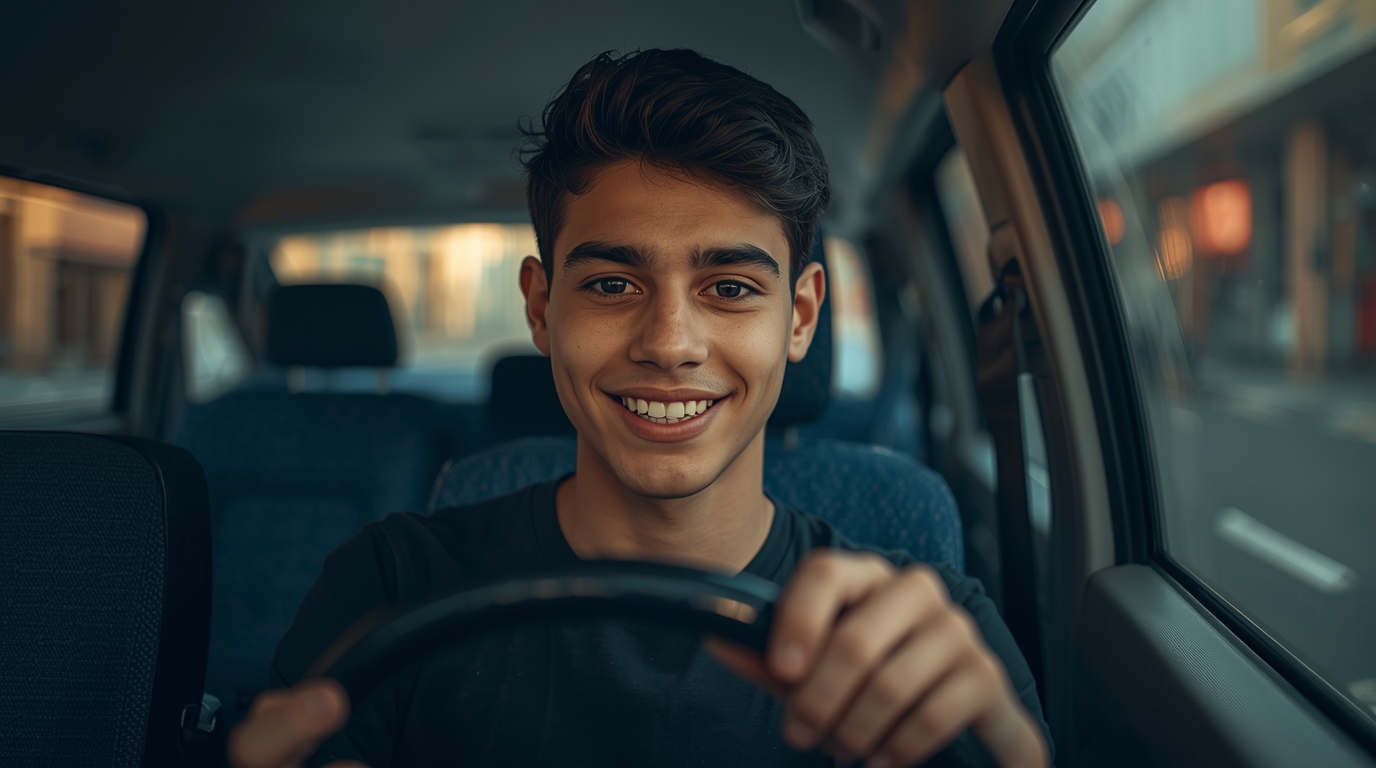 Jovem atrás do volante, sorridente por estar dirigindo.